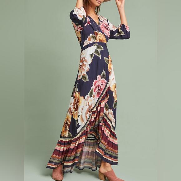 Anthropologie Farm Rio Layla Floral Ruffle Maxi Wrap Dress Size XXS Petite - Picture 14 of 14